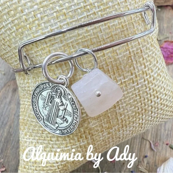 Saint Benedict medal and and Pink quartz bangle Bracelet